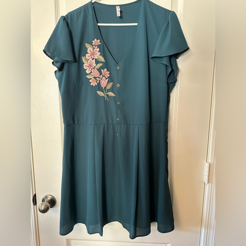 Xhilaration Teal Dress with Pink Floral Embroidery Size XXL Plus Size